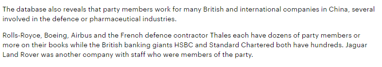 21a. CCP Party member Stats .Dozens: Rolls-Royce, Airbus, Defence Contractor ThalesHundreds: HSBC, Standard CharteredStaff: Jaguar, Land Rover2,909 Members: Chinese Cosco Shipping with 2 branches in the UK (one of which receives almost half of Britain's container trade)