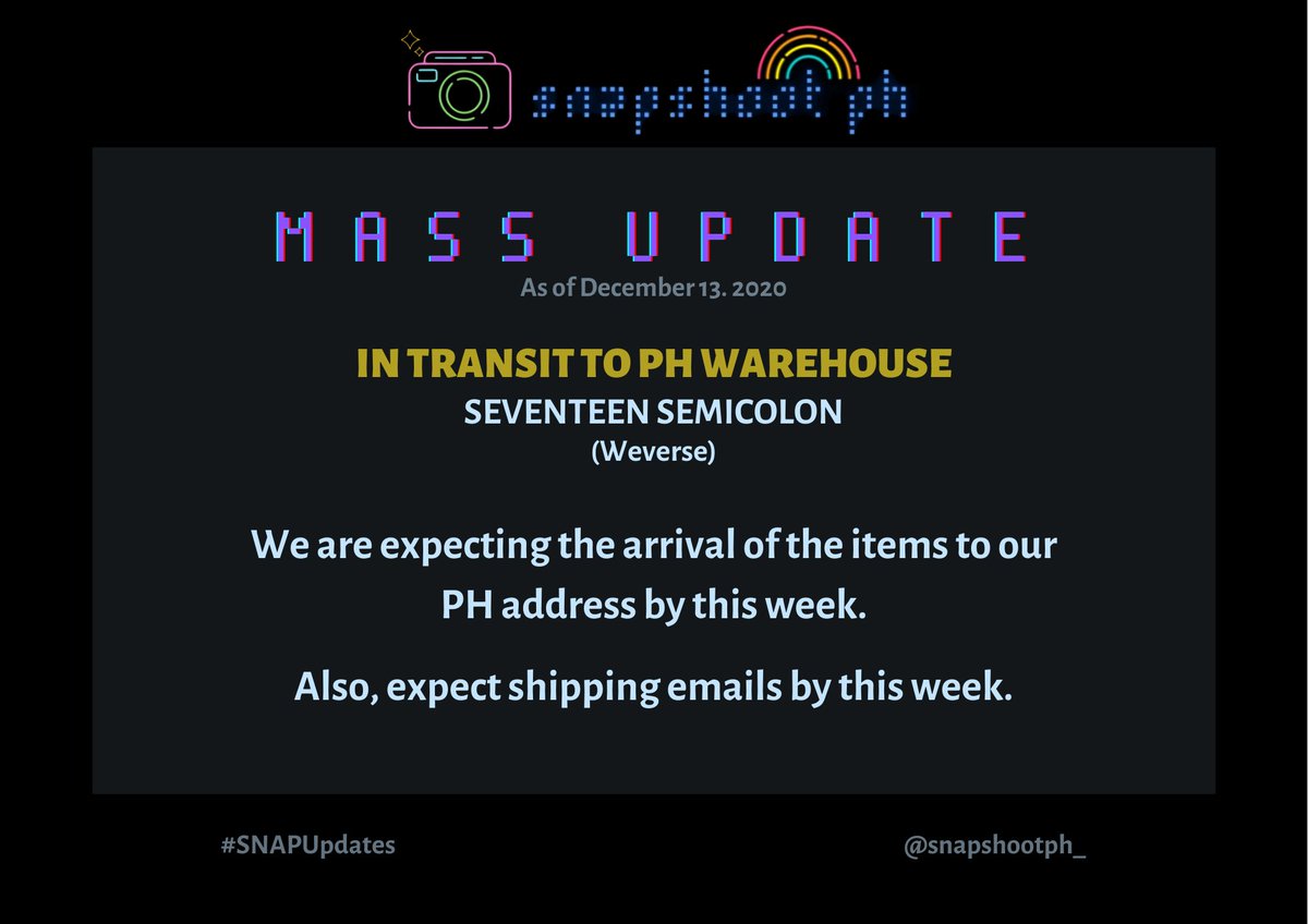 snapshootph_'s tweet photo. MASS UPDATE [as of December 13]

Below are the updates regarding your items. Please take note of this and we'll update you again once they're already in our PH address.

Thank you for your patience ☺️
Keep safe and be healthy! ✨

#SNAPUpdates https://t.co/j5QJIj58mJ