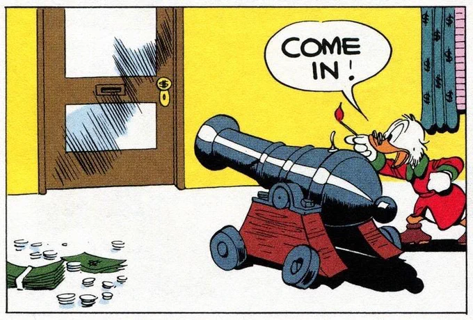 Carl Barks's welcoming Uncle Scrooge.

In Holland, where I'm from, Uncle Scrooge is called Uncle Dagobert. All the Barks stories were reprinted in weekly magazine DONALD DUCK. Barks's mad inventions, imaginative stories and lively characters were a big part of my formative years. 
