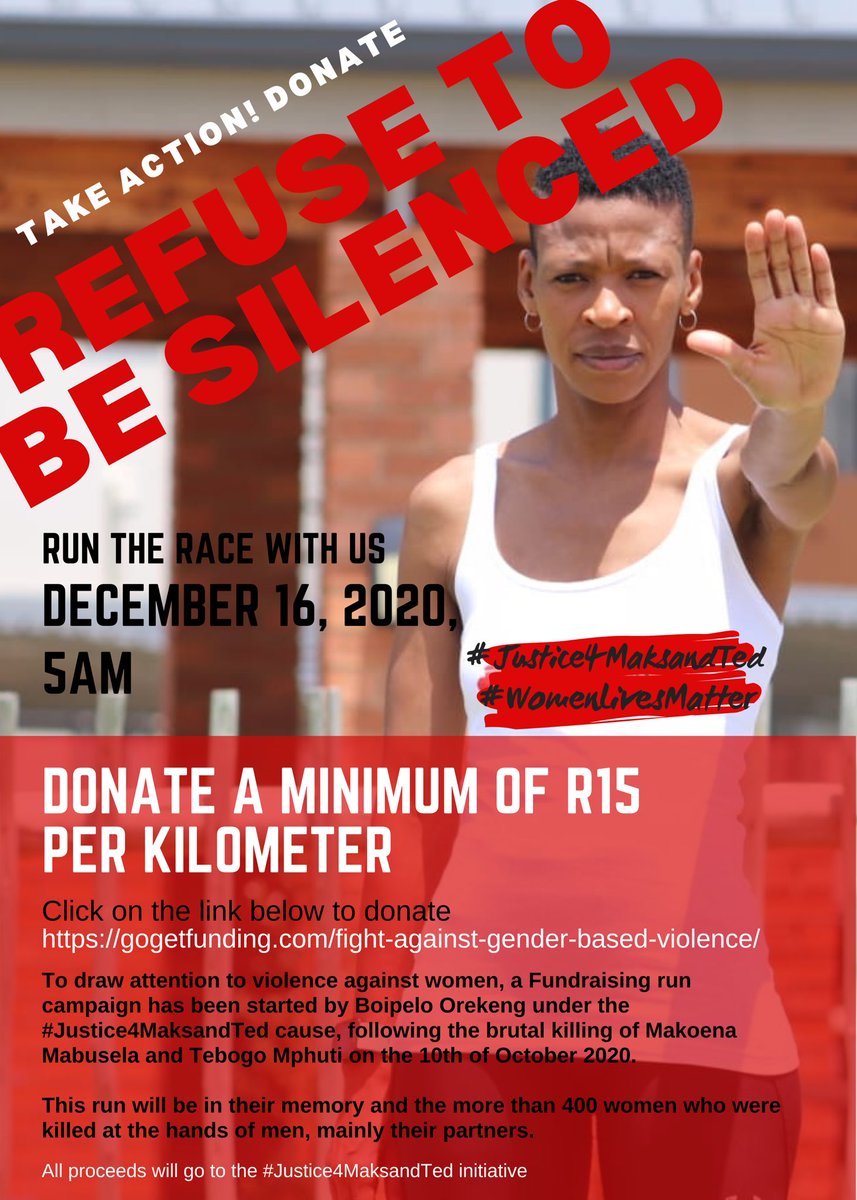 Justice4MaksTed's tweet photo. Your donations will be highly appreciated, as we run the race of fighting GBV together &amp; not let the memories and deaths of the more than 400 women who have been killed at the hands of men, mainly their partners, be in vain. 
Please donate on this link. https://t.co/aCbHoRrA51 https://t.co/qXP64abkCL