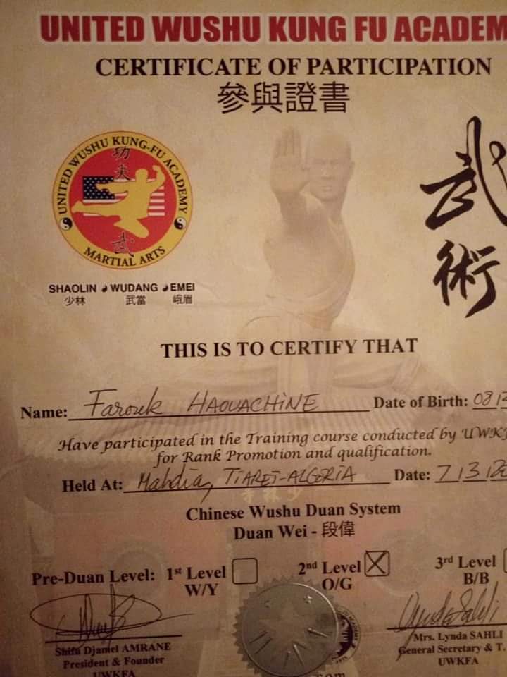 This certificate is one of the best certificates in my sporting career ,, that I obtained from the hand of an American expert in the sport of wushu kung fu ✨💪🏾💛! ...