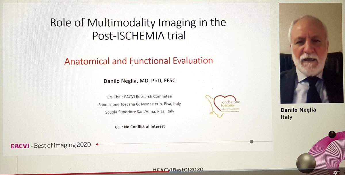  #EACVIBestof2020 Next talk from Dr Danilo Neglia, putting together both function & anatomy. He talked about the differing info you obtain - CT for non-obstructive plaque that can be treated with primary prevention drugs, functional tests for detecting flow-limiting CAD...