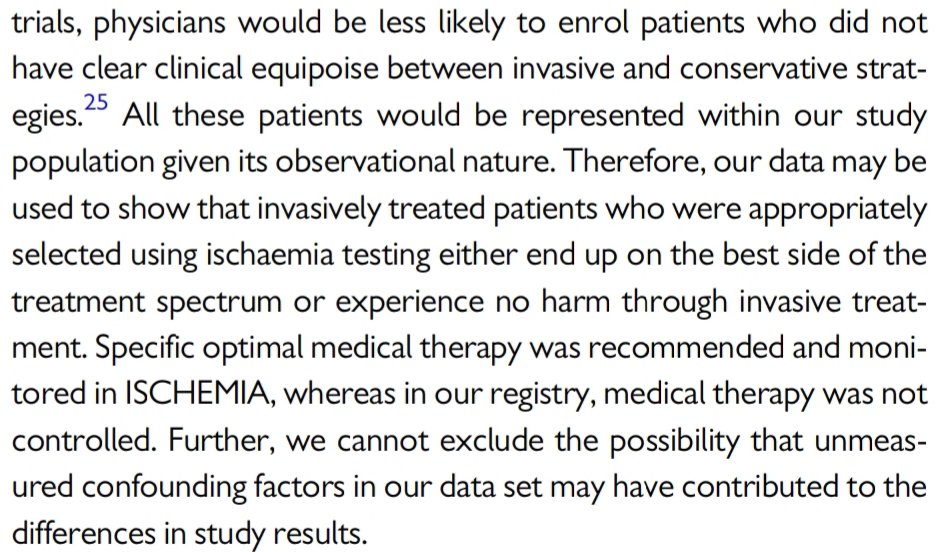  #EACVIBestof2020 In Discussion, authors offer reasons why the results may differ from ISCHEMIA. I don't get it! You've just had a large, international multicentre RCT using Core-Labs for imaging, state-of-the-art CTCA and OMT...and people are trying to question it with this?!