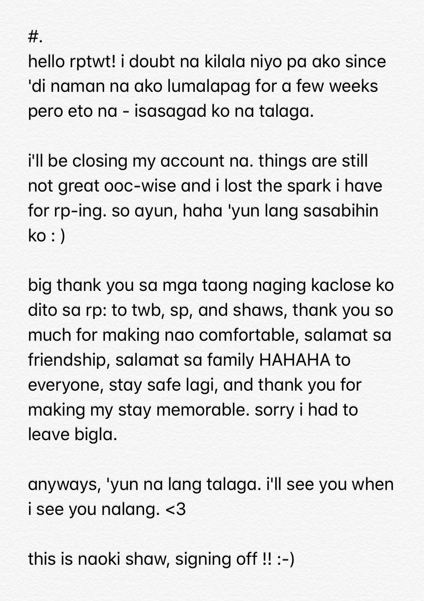 mainshonen's tweet photo. <pls read!> 

thank you sa lahat! i'll be taking my leave ☺️ https://t.co/7puBUAvzWW