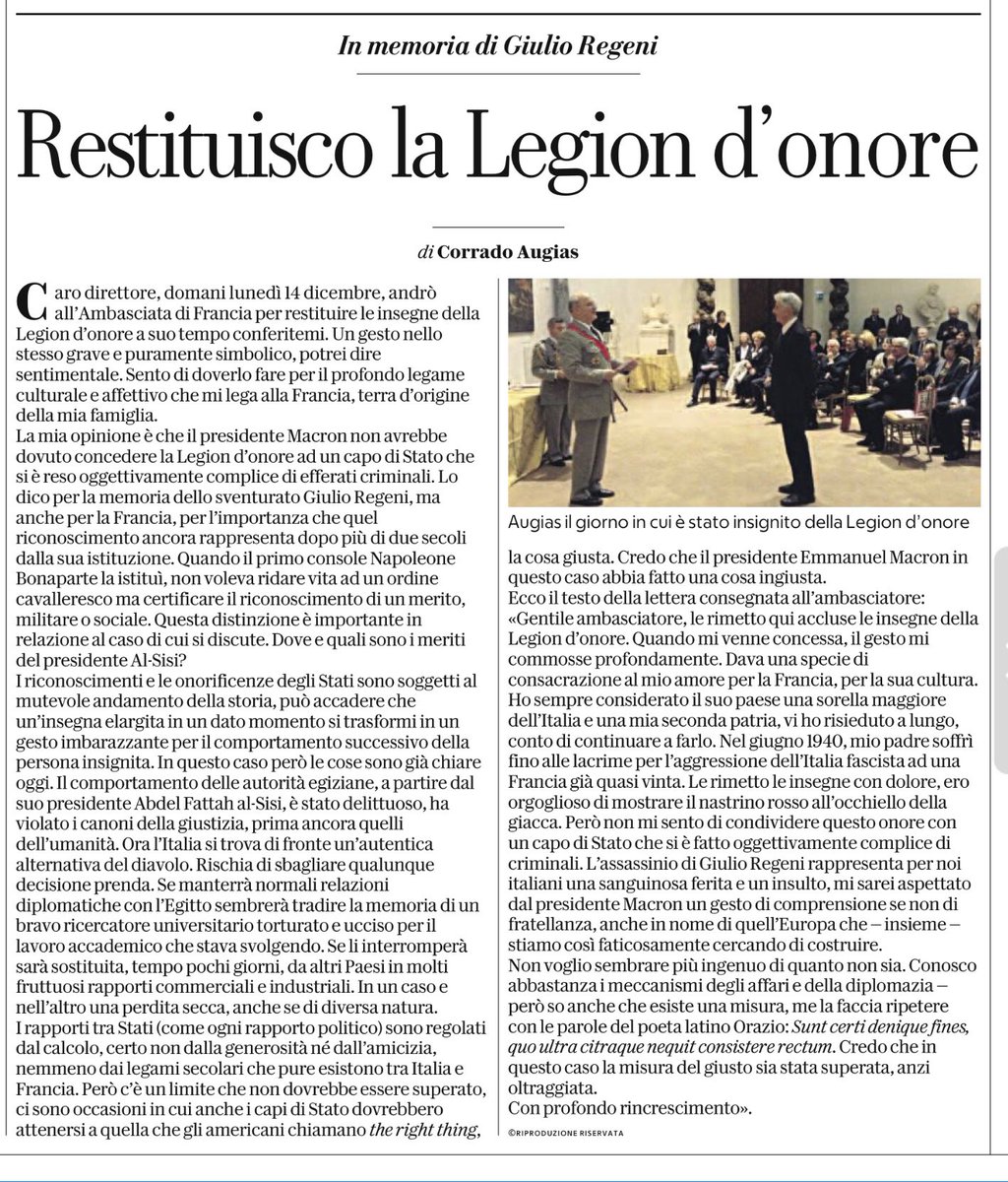 BenjaminW1892's tweet photo. Corrado Augias restituisce la Legion d’onore a Macron.
La decisione dopo che della stessa onorificenza era stato insignito al-Sisi.
Una persona per bene non sopporta di essere iscritto a un club che accoglie tra i suoi adepti un dittatore criminale e sanguinario.
da Repubblica https://t.co/VtJDjM5L64