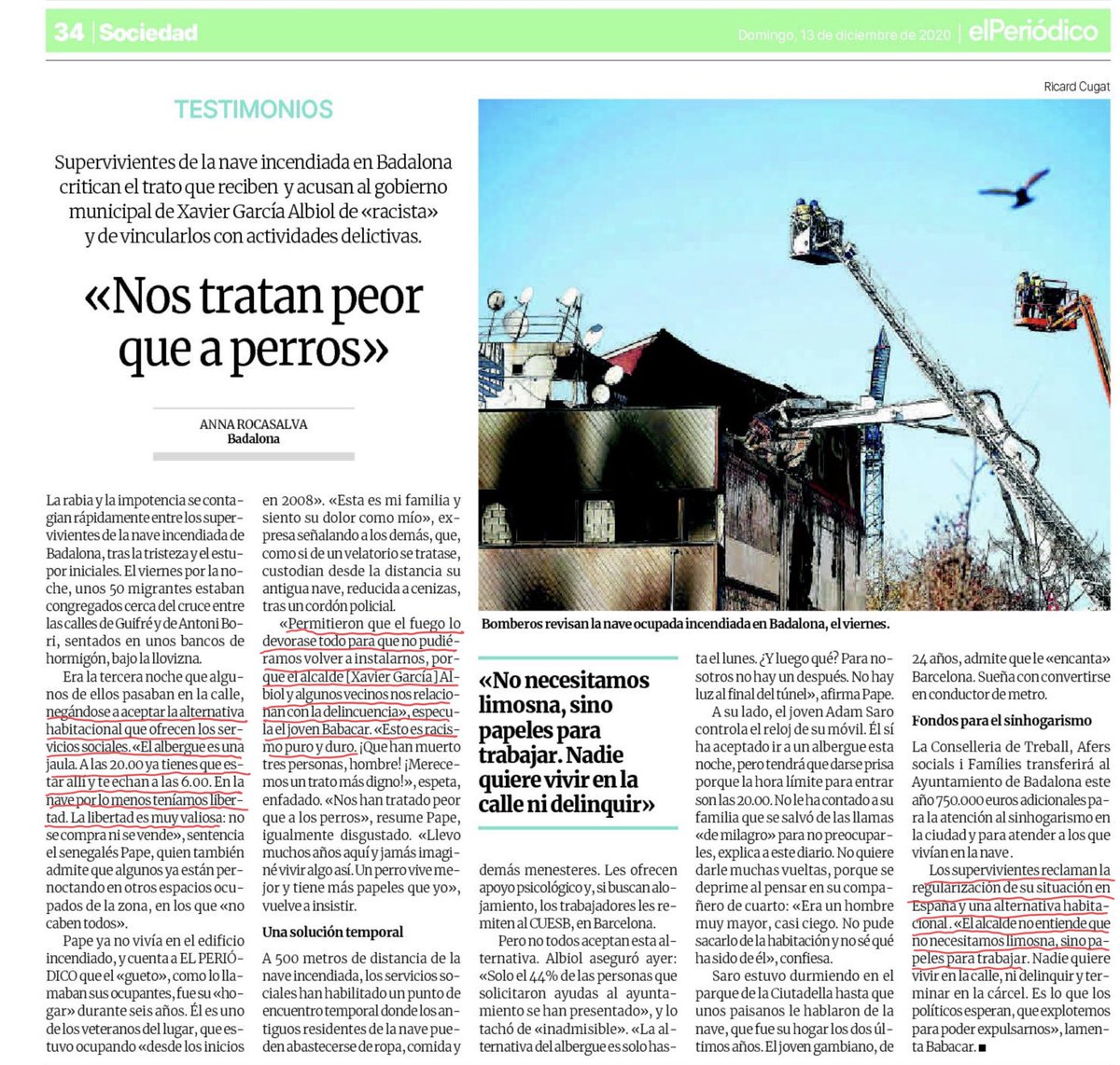 Albiol_XG's tweet photo. Recomiendo leer este artículo hoy en @elperiodico sobre la tragedia de #Badalona y cada uno saque sus propias conclusiones. Tres ideas: 1) No aceptan ir a un albergue por que limita su libertad; 2) Permitimos que el fuego lo devorase todo; 3) Papeles para todos y una vivienda. https://t.co/AkcZK7tr8F