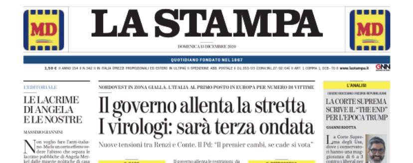 Con più di 64 mila morti, l’Italia ha il record europeo di vittime per #Covid. E la politica discute di verifiche rimpasti #taskforce. Mentre la #Merkel piange per le vittime, noi rischiamo di far ridere. Il mio editoriale su <a href="/LaStampa/">La Stampa</a>
