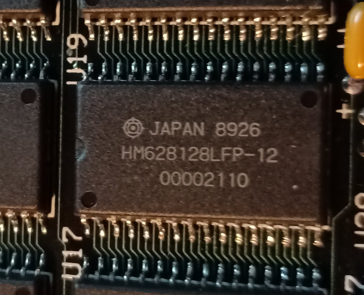 And these are HM628128LFP-12s.Those are SRAM chips, 128 kilobytes each.And there's 16 of them.So whatever this is, it's got two megabytes of SRAM on it.