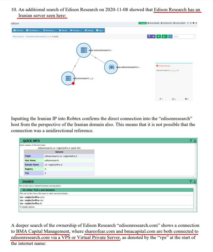 The scan also showed Edison Research has an Iranian server. A deeper search of the ownership of Edison Research shows a connection to BMA Capital Management, where  http://shareofear.com  and  http://bmacapital.com  are connected to Edison via a Virtual Private Server.