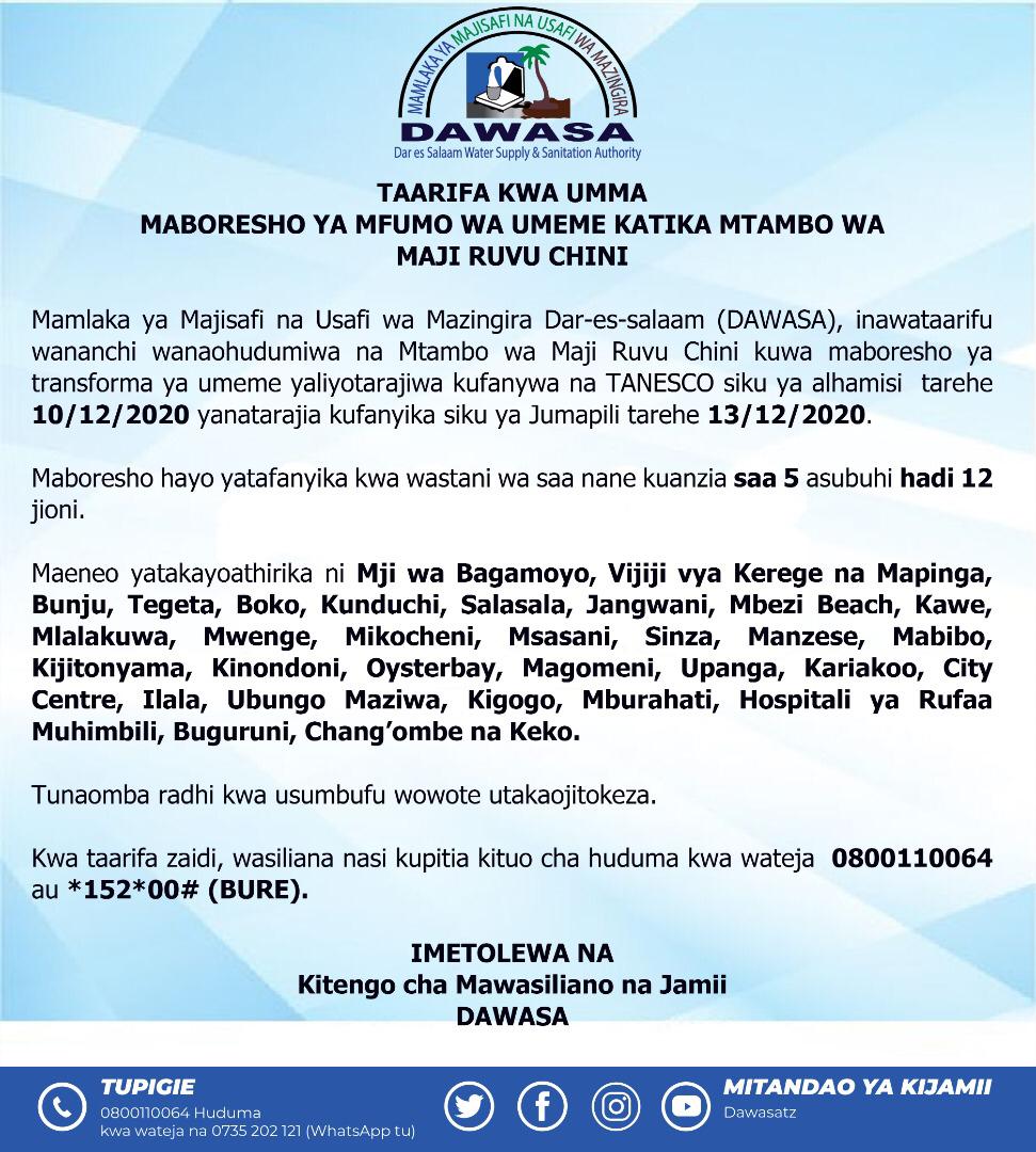 SentineGlobal's tweet photo. TAARIFA: Mamlaka ya Majisafi na Usafi wa Mazingira Dar es Salaam (Dawasa), imezungumzia matengenezo ya Mtambo wa Ruvu Chini yatakayofanyika leo Jumapili kusababisha baadhi ya maeneo kukosa maji #MwanaHALISIDigital https://t.co/47ws8KNVXZ