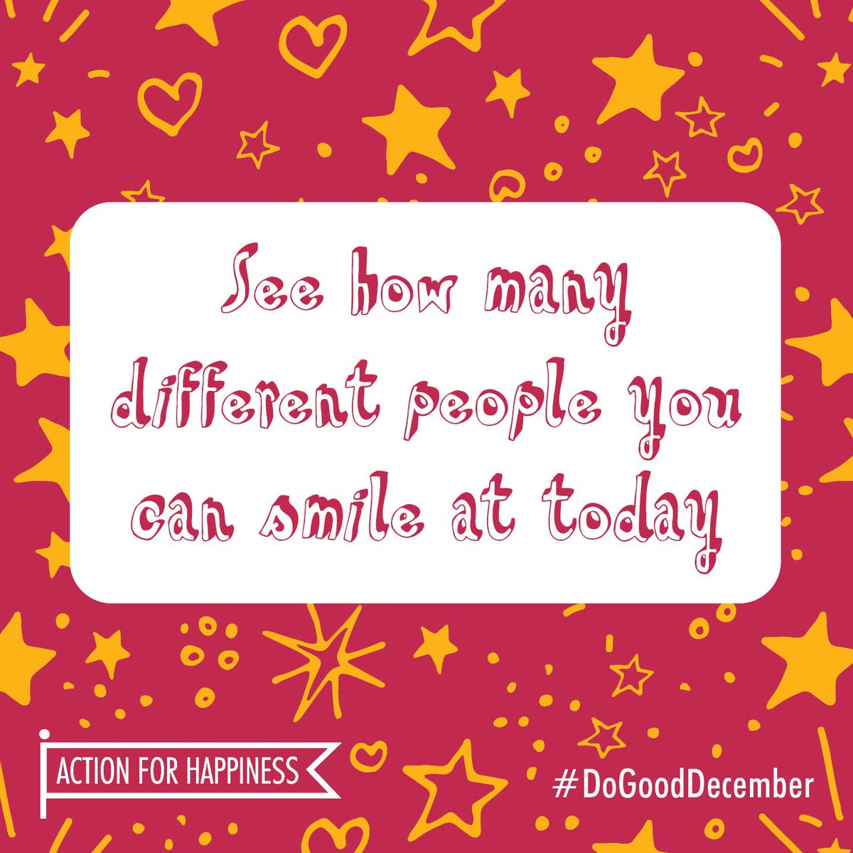 actionhappiness's tweet photo. Do Good December - Day 13: See how many different people you can smile at today https://t.co/fXtUKV5ETH #DoGoodDecember https://t.co/28KmFnE3Yt