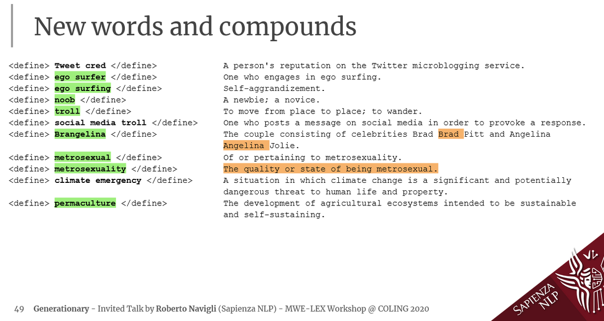 Generationary: want to see how to generate an on-the-fly definition for a word in context or a multiword expression? Come to <a href="/RNavigli/">Roberto Navigli</a>'s invited talk at the MWE-LEX Coling 2020 workshop today at 15.30! underline.io/events/54/sess… #NLProc #elexicography   
<a href="/MicheleBevila20/">Michele Bevilacqua</a> <a href="/MarcoMaru3/">Marco Maru</a>