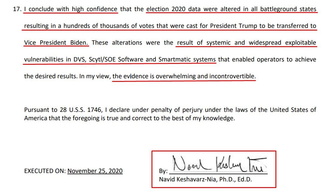 Dr. Keshavarz-Nia finishes by saying election data was altered resulting in "hundreds of thousands" of Trump votes "transferred" to Biden. "The evidence is overwhelming and incontrovertible." https://www.courtlistener.com/recap/gov.uscourts.mied.350905/gov.uscourts.mied.350905.1.19.pdf