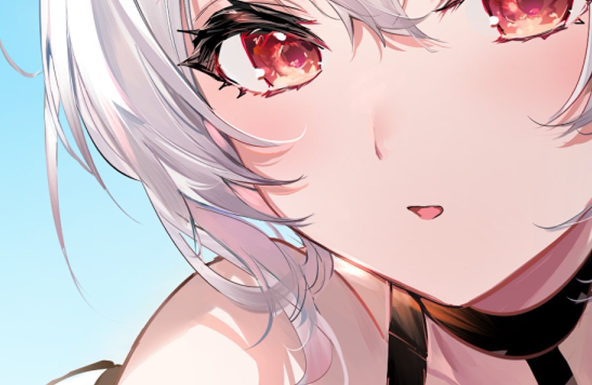 1girl solo red eyes close-up looking at viewer white hair choker  illustration images