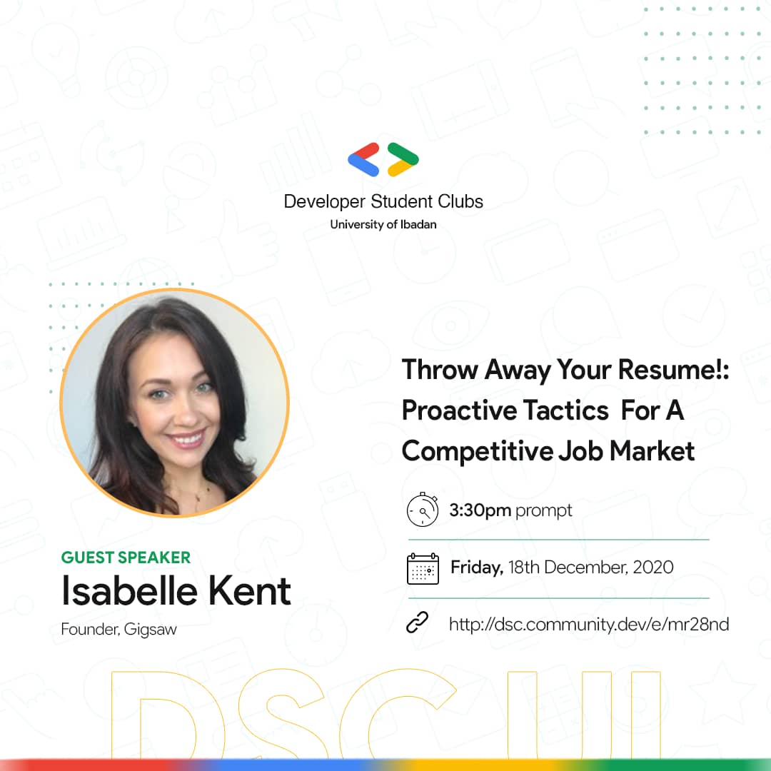 gdg_ui's tweet image. We will be hosting @Isabelle_Kent on the 18th of December! 🤩 

Isabelle Kent is the founder @GigsawCareers  a platform that matches you to careers that fit your unique goals. 

Join us on
🗓 Friday, 18th December 2020
🕒 3:30pm WAT

dsc.community.dev/e/mr28nd/

#DSCUI #dsc