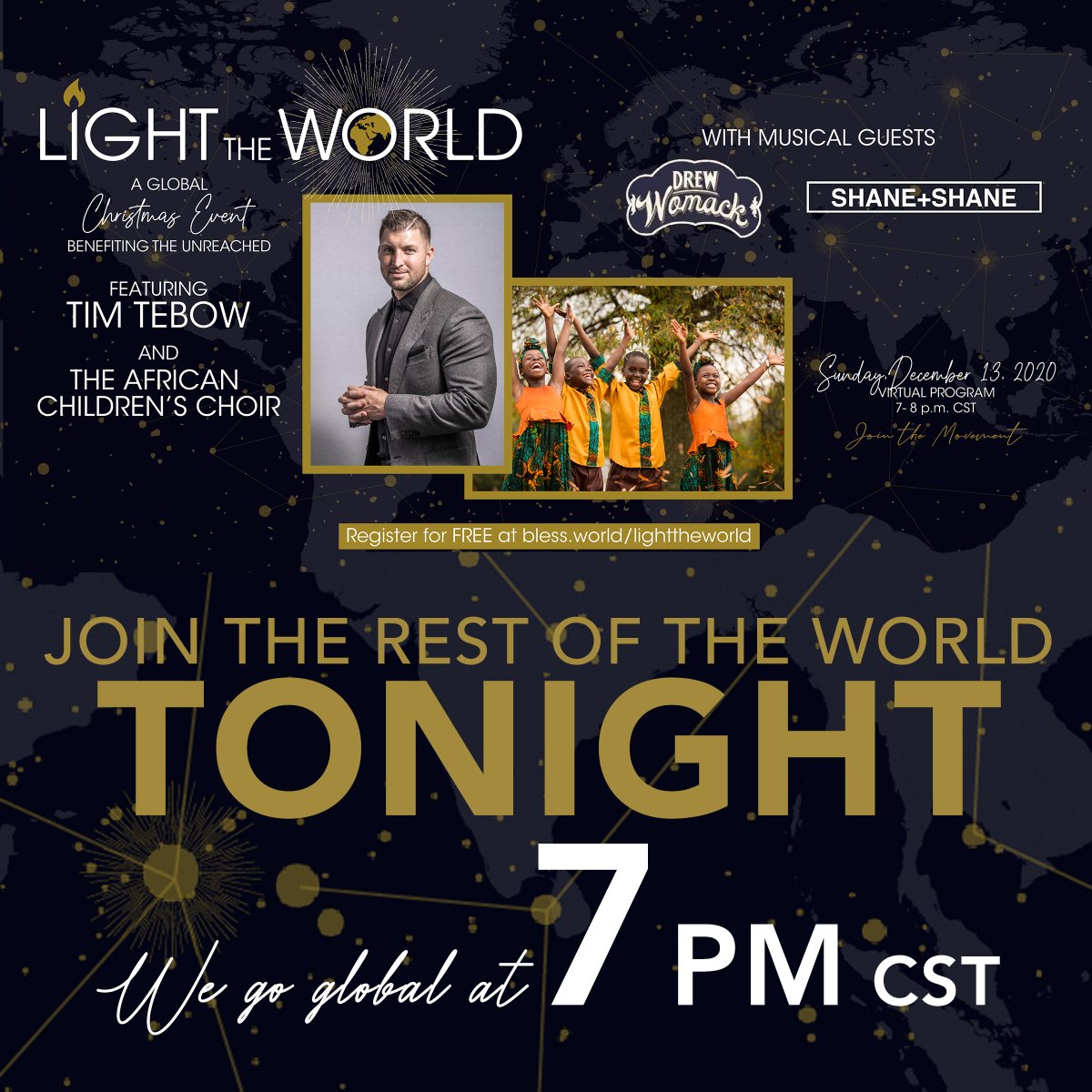 blessdotworld's tweet photo. TONIGHT we go global at 7pm cst and we don't want anyone to miss out. Share this link and let's reach the unreached together https://t.co/87MgbWnkVR #LightThe🌍#GlobalImpact #GlobalMissions #FREEevent #Christmas #Hope #TimTebow #ACLLive #MakeADifference #HolidaySpirit https://t.co/bb6X8IHhHU