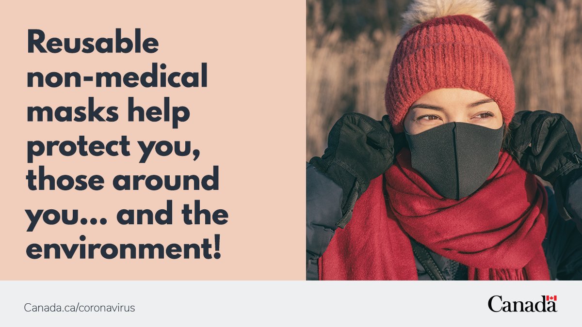 Reusable non-medical masks help protect you, those around you – and the environment!  *A woman in matching red sweater and non-medical mask wears a red hat with white fun-fur trim.