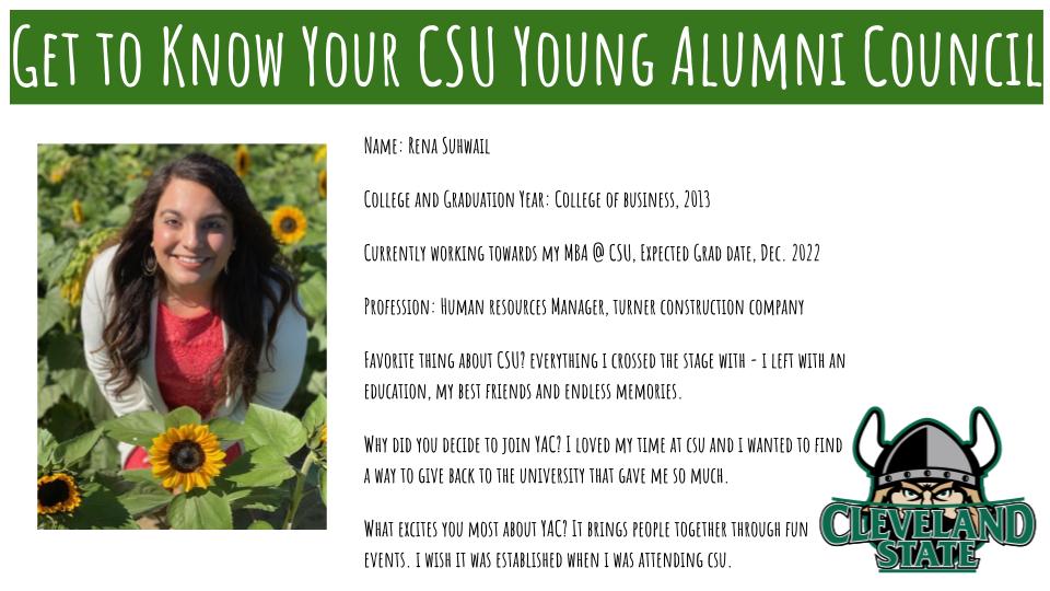 CSUYoungAlumni's tweet photo. 🎙️#CLEStateYAC Spotlight: Get to know Rena Suhwail and why she joined the Young Alumni Council and loves #CSU so much! #Vikes4Life #VikeUp #CSUalumni #GoVikes #AllinCSU #CLEstate https://t.co/bl0jD1nFyj