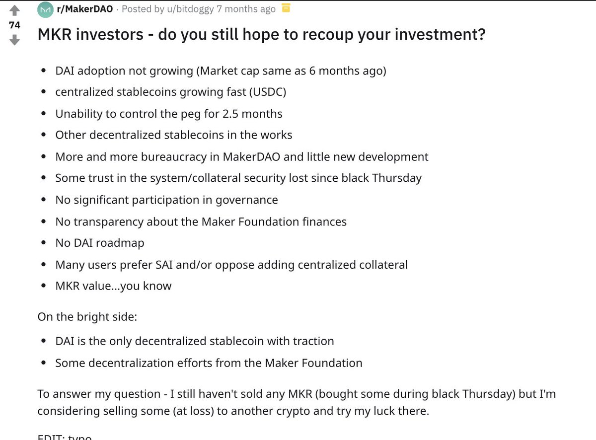 Usage of Maker and dai have exploded since, but the product has been slower to evolve bc of the decentralized decision making. The execution speed has frustrated some & other projects have popped up and captured mindshare. Sound familiar?