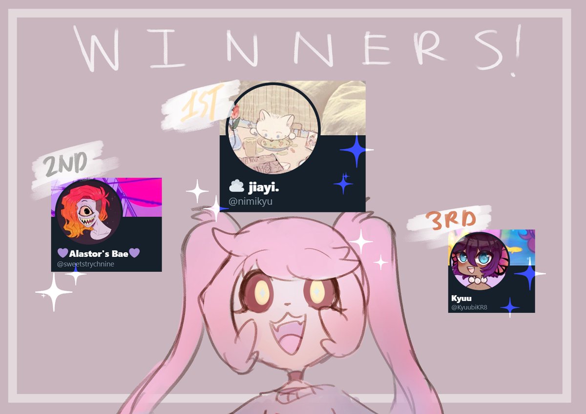 Art Raffle Winners!!!

Thank you everyone for participating! 🌟

Congrats!
1st - <a href="/nimikyu/">me gone 5 good</a> 
2nd - @sweetstrychnine 
3rd - @KyuubiKR8 

Pls dm me within 24 hours to claim your prizes!