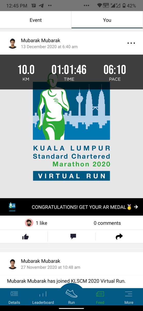 imubarakmu's tweet photo. Here we go again. I repeated my KLSCM participation again after two years from the first time. The new thing about this time that it is virtual, not like the first one😇
#KLSCM2020 #scb #klmarathon #malaysia #10km #standardchartered #noexcuse #KLSCM2020VR #SaudiArabia https://t.co/5R8yqSZti5