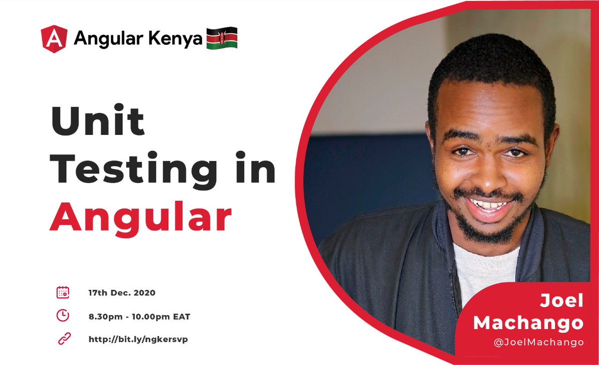 angular_kenya's tweet image. As a Software Engineer, it has become paramount that one needs to have skills in Software Testing. On Thursday 17th Dec &apos;20, we&apos;ll be having @joelmachango take us thru&apos; &quot;Unit Testing&quot;, one of the levels of testing.
Sign up at bit.ly/ngkersvp
#AngularKenya #100DaysOfCode