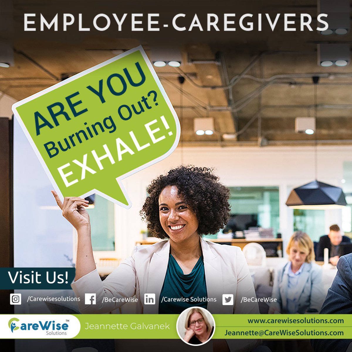 Employee-Caregivers-Are You Burning Out? Exhale. 

Learn more about us at: carewisesolutions.com 

#caregivers #Adultcare #worklifesucess #CareWiseSolutions