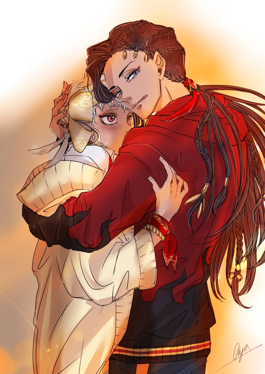 1boy 1girl hug red eyes long hair braid dark skin  illustration images