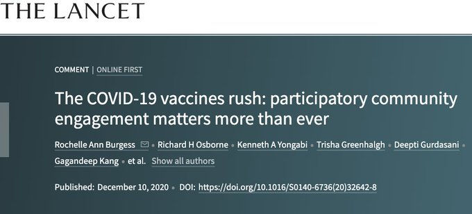 RichardOsborne4's tweet photo. Our @TheLancet roadmap for community engagement to maximise understanding, uptake and equity in the implementation of #COVID19 vaccines.  @thewrittenro @trishgreenhalgh @martinmckee https://t.co/tbHKO58zM2