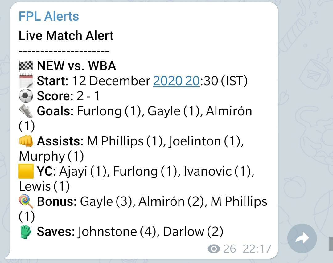 op_fpl's tweet photo. 🚨LIVE MATCH ALERTS🚨

🤩 Now you get Live match alerts on our Telegram channel.

Goals ⚽  Assists or Cards 🟨🟥 within a minute! Includes penalties 🎯, Saves 🧤, Bonus 🍭

���🏽 Goodbye to websites for following matches

Want in?

🔗  Join the channel -  https://t.co/7vJxVQdvVw https://t.co/i3Sr8GxfCX