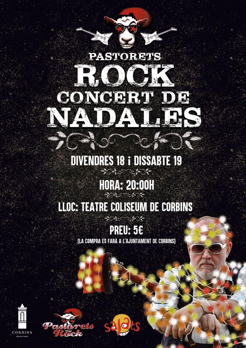 Concert’s de <a href="/PASTORETSROCK/">Pastorets Rock 🎗</a> a #Corbins 

Aquest proper divendres 18 i dissabte 19 a les 20:00h us esperem al concert de Nadales de Pastorets Rock a la Sala Coliseum!
Podeu comprar les entrades a l'@ajcorbins 
Recordeu que l'aforament és limitat
<a href="/efsproduccions/">Els Salats (Encara Farem Salat) 🎗</a> 
#Corbinséscultura