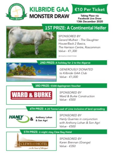 gaakilbride's tweet photo. The big day has arrived! Online sales remain open until 3pm. Don’t miss out on your chance to win one of 26 fabulous prizes valued at €8,400.  Buy your ticket now for only €10 via the link below. 👇 https://t.co/wN0uh0ETf7
The draw will be broadcast live from 6pm on Facebook. https://t.co/NI2mPnexZk