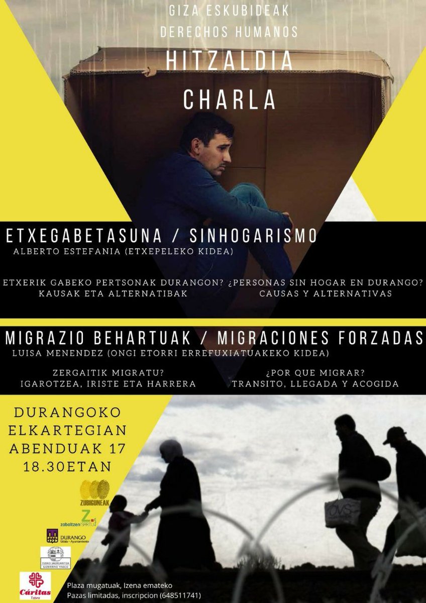 GIZA ESKUBIDEAK - DERECHOS HUMANOS

🟨 Hitzaldia - Charla

🟨 Etxegabetasuna - Sinhogarismo
      Migrazio Behartuak - Migraciones Forzadas 

📅 Ostegunak 17 - Jueves 17

🕑 18.30

📌 Elkartegia (Durango)

▶️ Izena emateko - Inscripción: 648511741