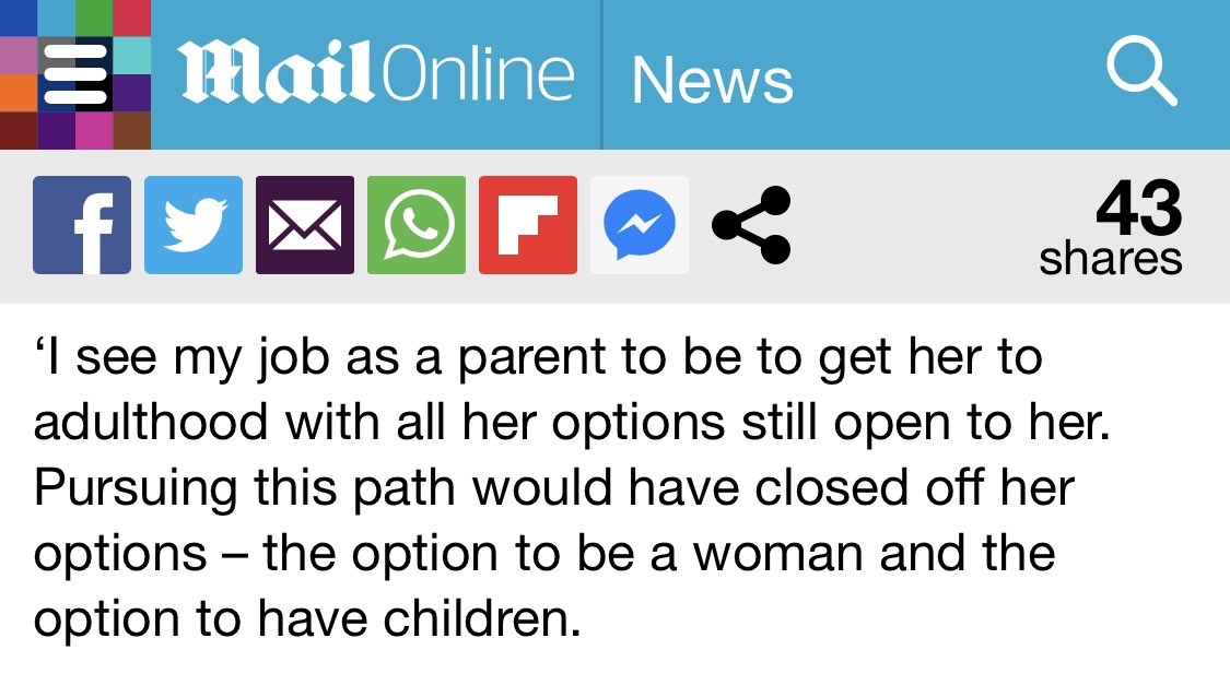 What ‘Mrs A’ also fails to acknowledge is that by forcing her child -and now, all other trans kids - to go through an unwanted puberty, she is taking away the ‘choice’ for them to avoid future surgeries & denying them the ‘choice’ to go through life without being visibly ‘outed’.