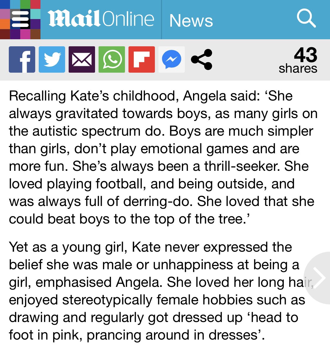‘Angela’ then spouts a whole load of sexist stereotypes...On the one hand her “daughter” played with “boyish things” as a child but then turned to “stereotypically female” things as they got older.Surely she knows that gender expression is separate from gender identity?