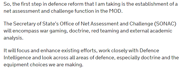 One interesting announcement is the creation of a 'net assessment' unit to help the MOD learn and adapt more quickly. The functions are not new; there is already lots done on wargaming, lessons and analysis, but the UK has not, until now, had a single coordinating point.