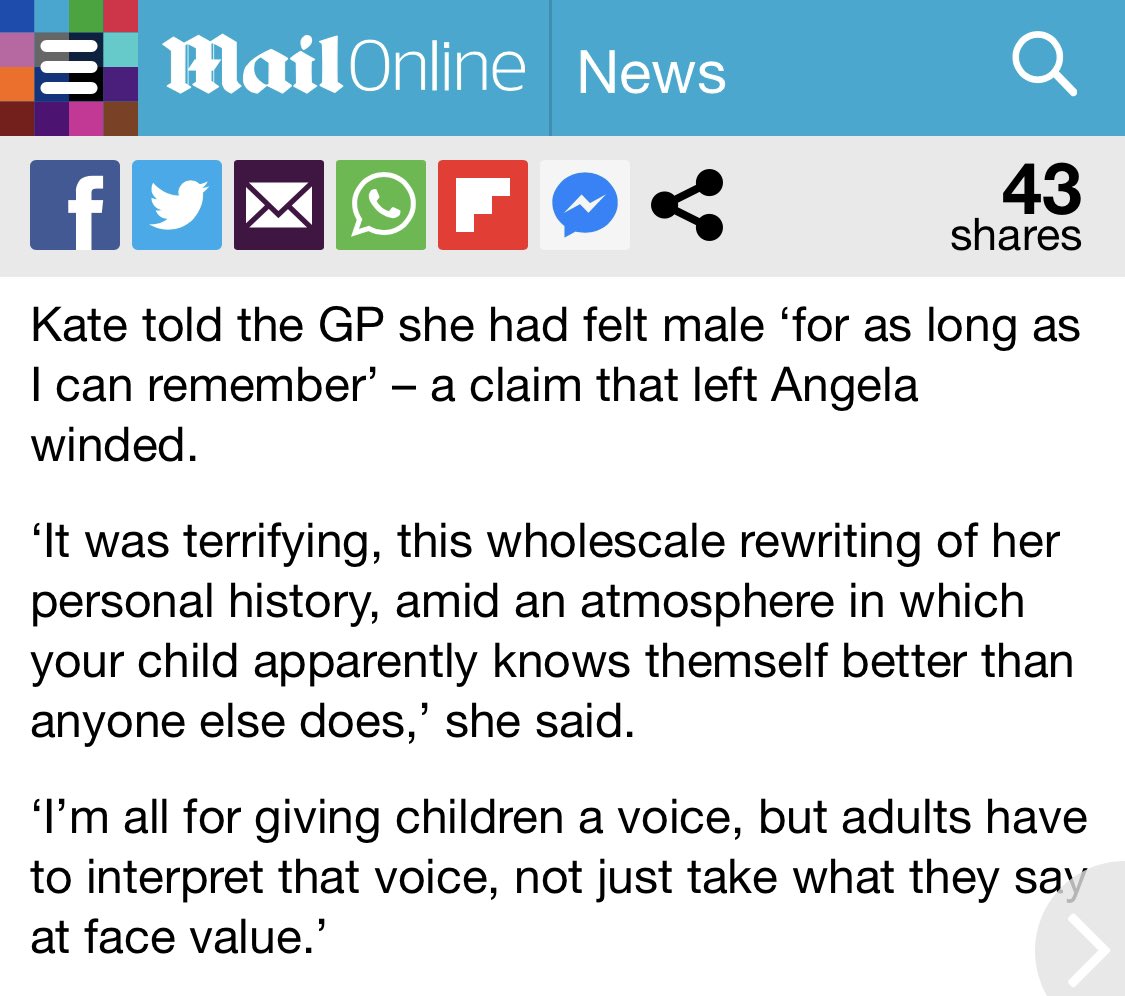 Again, more confirmation that ‘Angela’ is only willing to listen to her child, just so long as her child says what ‘Angela’ wants to hear!Imagine her child saying “I’m gay, I’ve always felt it”, and ‘Angela’ saying “No you’re not, stop rewriting history!”... It’s no different!