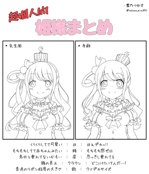 自分以外誰が見るんだってレベルの超絶個人用まとめ
今後姫様描くにあたって自身の絵の雰囲気、現在気を付けてることを少ないけどまとめてみました…
これ出して何だって話ですが、誰かアドバイスくれって話です?
どしたら可愛く描けますかね…?? 