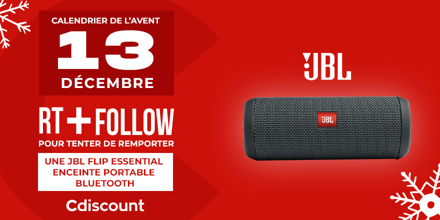 #CalendrierDeLavent - Jour 13 🎄

🎁 Une enceinte portable bluetooth JBL Essential est à gagner aujourd'hui  : pick.aw/ODchnUc

Pour tenter ta chance :

🔹 RT + Follow <a href="/Cdiscount/">Cdiscount</a>

🍀 TAS le 14/12

⏰ Rdv demain pour découvrir un nouveau cadeau