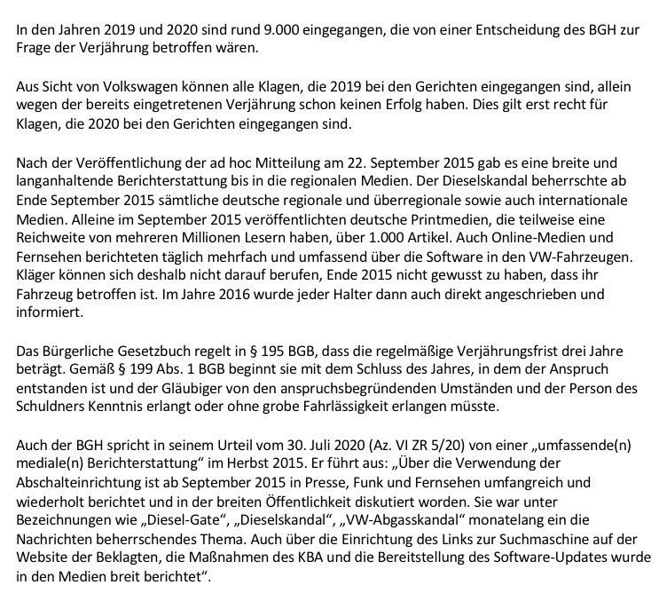 ChHauss's tweet photo. Montag, 14.12., verhandelt der #BGH in den sog VW-Fällen zur Verjährung. Ca. 9000 Klagen sind 2019+2020 eingegangen. Diese Ansprüche sind aus unserer Sicht verjährt. Nach Bekanntwerden des Dieselskandals im Herbst 2015 hätte man bis Ende 2018 Klagen können. Unser Statement: https://t.co/yPFJLZN69N