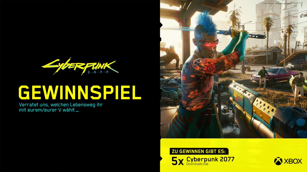 Habt ihr Night City schon einen Besuch abgestattet? 
Noch nicht?
Dann gewinnt bei uns 1 von 5 Codes für eure Xbox.

So macht ihr mit:
1. <a href="/XboxDACH/">Xbox DACH</a> folgen ✅
2. Tweet liken + RT ❤️🔁
3. Verratet uns, welchen Lebensweg ihr für euren V wählen werdet.

TNB 👉 bit.ly/XboxDACH-TNB
