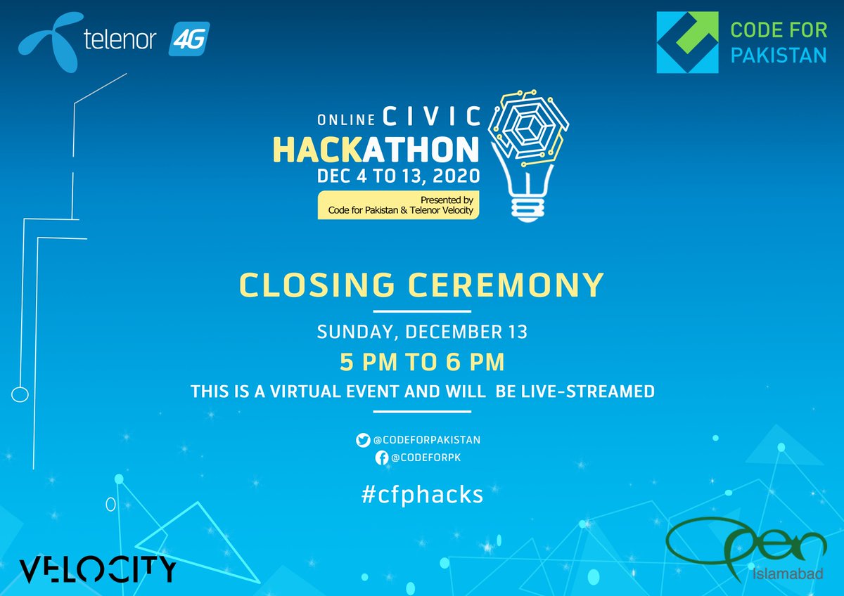 CodeforPakistan's tweet photo. Pitching for the Civic Hackathon 2020 is underway, and the Closing Ceremony will begin in half an hour! Tune in to the livestream on Code for Pakistan's Twitter, Facebook and LinkedIn! #cfphacks https://t.co/T6uiqTmMwd