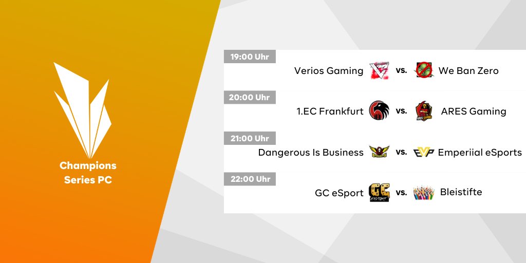 Die R6S Champions Series [PC] geht heute wieder ab 19:00 Uhr auf twitch.tv/germancommunit… an den Start!
🏅🏅🏅
@veriosGaming <a href="/1ECFrankfurt/">1. Esport Club Frankfurt e.V.</a> <a href="/Emperiial/">Emperiial eSports e.V.🇩🇪</a> <a href="/AresGamingDE/">Ares Gaming</a> <a href="/Bleistifte1/">Bleistifte</a> <a href="/GameCatering/">GameCatering Media UG</a> @DiBGermany #webanzero
powered by @DiBGermany &amp; <a href="/r6team_platform/">r6team</a> 
#r6s #gcs #gccup #liga