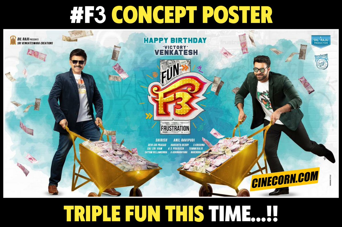 cinecorn's tweet photo. . @VenkyMama &amp; @IAmVarunTej Back With #F3Movie Concept Poster 🔥

 @anilravipudi On Track To register Double Hat-trick. 🤙

@svc_official @mehreenpirzada #VarunTej #Venkatesh #telugucinema #tfi #telugumovies https://t.co/rb2yb7TAhr