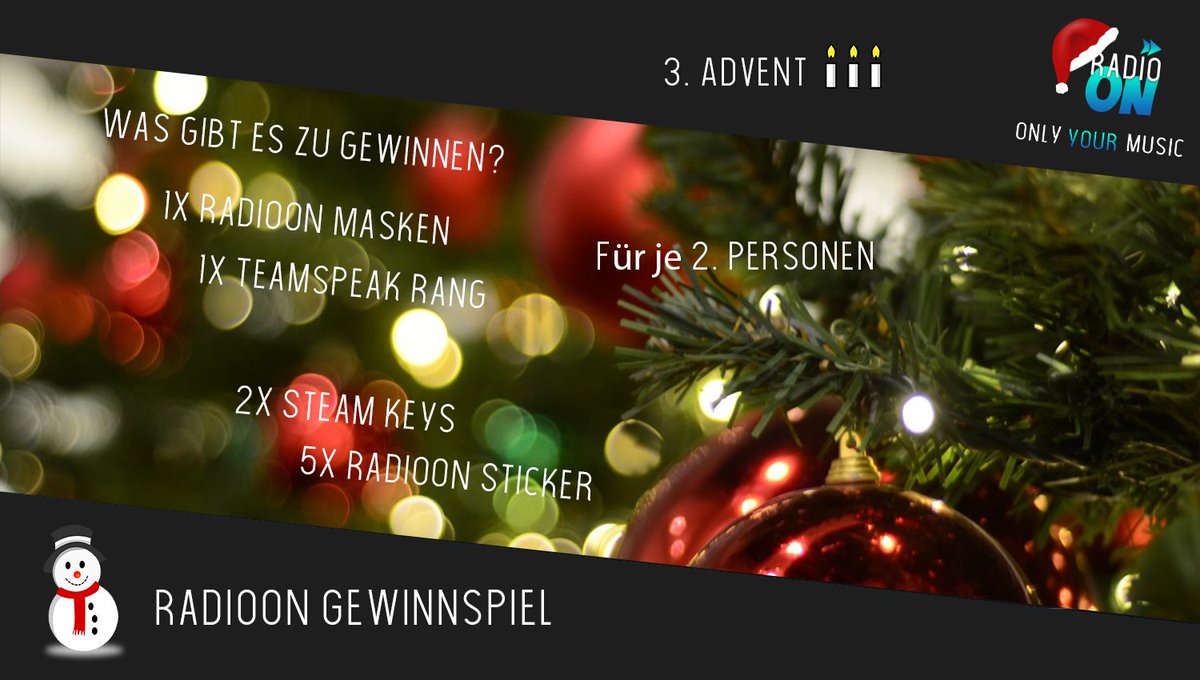 RadioONde's tweet photo. 🎄| 3. Advent Gewinnspiel

Heute ist der 3. Advent. RadioON hat wieder etwas vorbereitet. Du willst am Gewinnspiel teilnehmen? Dazu musst du diese Voraussetzungen erfüllen:

× Retweeten
× Uns folgen
× Liken

Das Team wünscht euch allen gutes Gelingen!

RadioON | Only Your Music🎵 https://t.co/PeM8iXvuI2