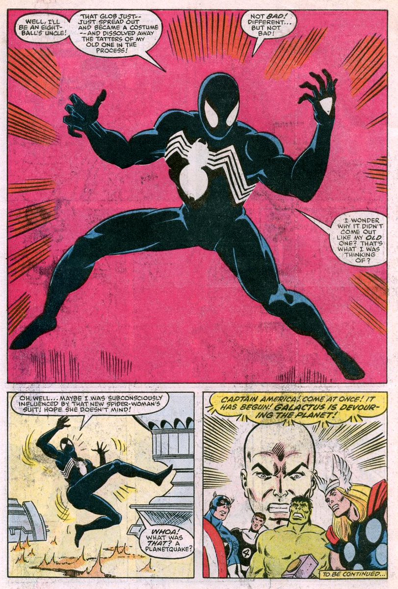 The suit would go on to be established as a alien being but we were not given much else besides Spider-man found it in a machine. Besides that the costume might also be the first use of Organic webbing in Spider-man comics, introducing the concept.