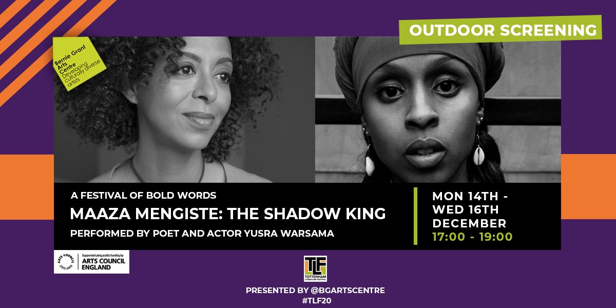 Don't forget, our beautifully filmed dramatic reading of The Shadow King, written by @MaazaMengiste, performed by poet &amp; actor <a href="/YusraWarsama/">YW</a>. Screened outdoors Mon-Wed (5-7pm) in our square. Socially distanced.  Tickets are free  - bit.ly/TLF20Shadow
#TLF20
