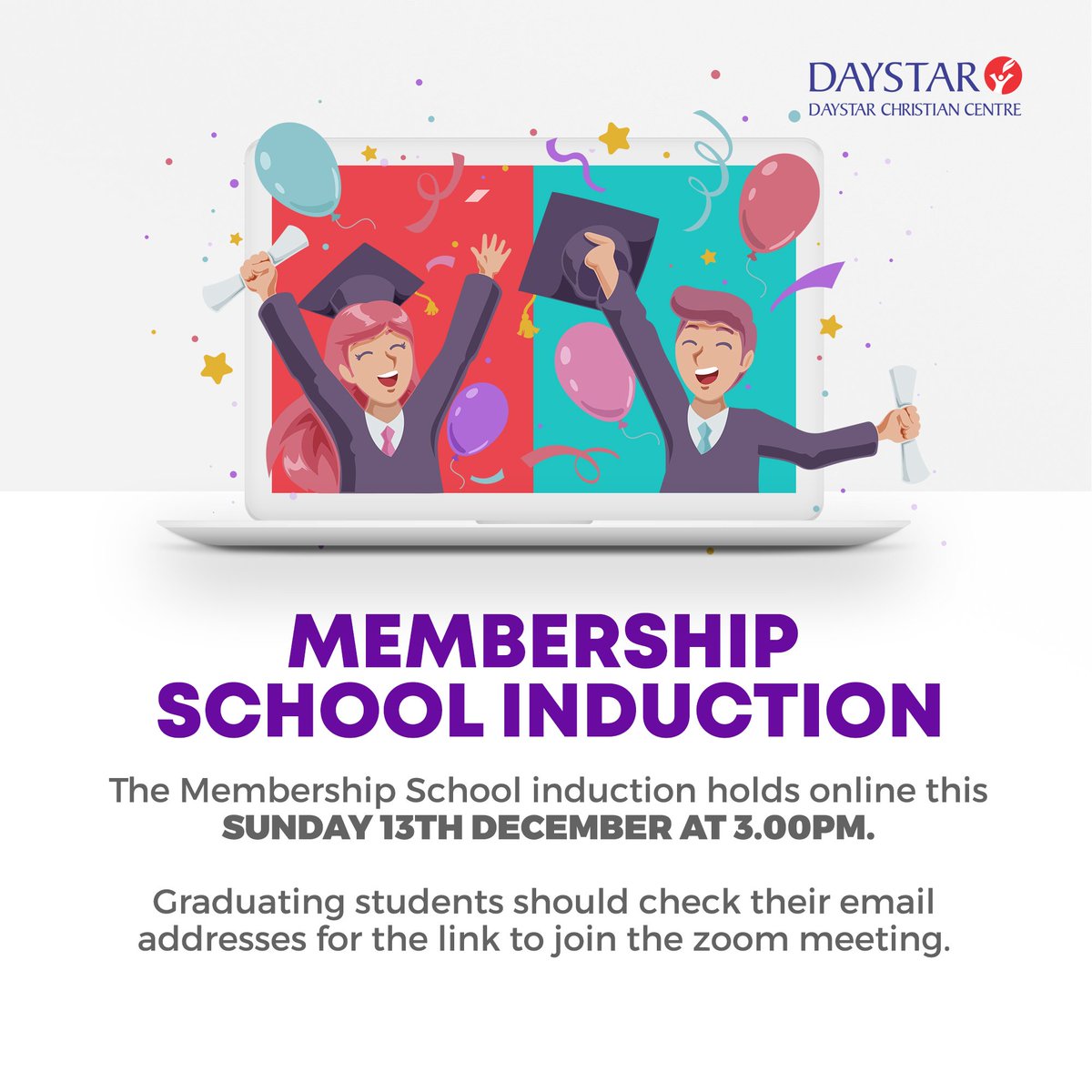 DaystarNG's tweet photo. Membership induction holds this afternoon at 3pm

This is for graduating sets of 2020.

Link for attendance will be sent to graduating students' email.

#MembershipInduction #100Level #DaystarAcademy #DaystarNG https://t.co/z89PD7mIjc