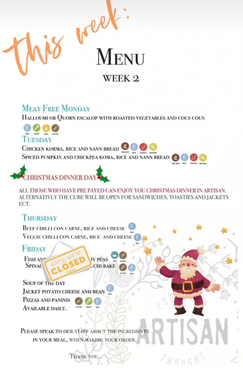 Last week of term! This year has flown by. Thanks to all those who have pre payed for Christmas Dinner! If it's not for you, we have alternatives available from the cube. Let's make this a magical, festive week, see you tomorrow🎄🎁🎀🎄🎁🎀