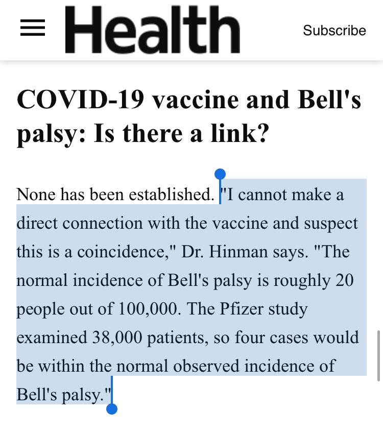 The key part of this article, after it explains the TEMPORARY Bell’s Palsy reported by just four people who had the Pfizer vaccine, is here:
